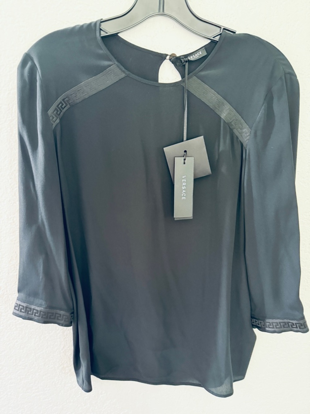 Versace Women's Monogram Black Silk-Blend 3/4 Sleeve Blouse Size 38